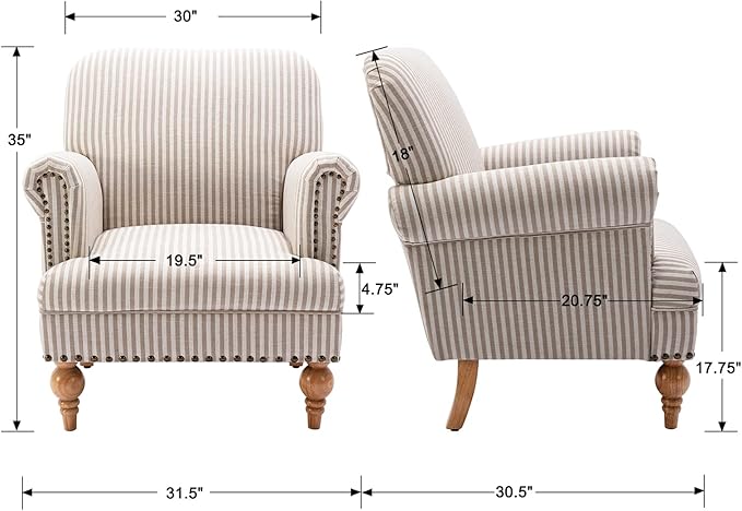 chairus Linen Accent Chair for Living Room Set of 2 Upholstered Mid Century Modern Single Sofa Chair with Solid Wood Legs Comfy Reading Chair Armchair for Bedroom/Office/Recption/Lounge, Khaki Stripe-Ruum Studio Home