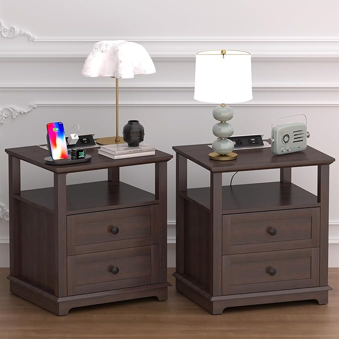 HIFYOBRO Large End Table Set of 2, 2 Drawers and Charging Station, Type-C & USB Port & Power outlets, Wooden End Table, Side Table with Storage for Living Room and Bedroom (Espresso)-Ruum Studio Home