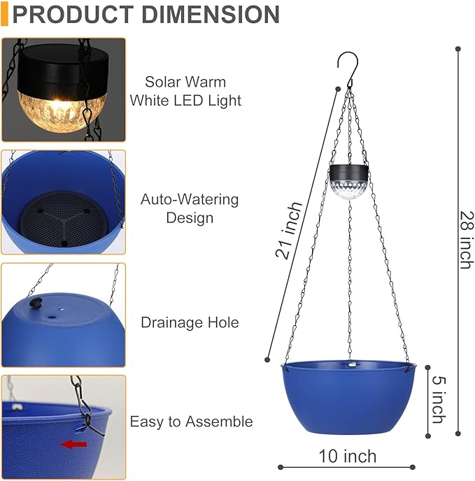 2 Packs Hanging Planters Basket for Outdoor Plants, Solar Powered Self Watering Blue Round Plastic Flower Pots with Drainer for Balcony Patio Garden Outdoor Decoration-Ruum Studio Home