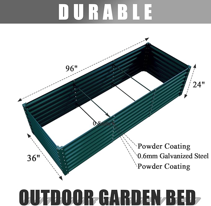 1 Pack 8x3x2FT Galvanized Raised Garden Bed Kit Retangular Metal Ground Planter Box Outdoor Bottomless Planter Raised Beds for Vegetables Flowers Herbs Fruits, Green-Ruum Studio Home