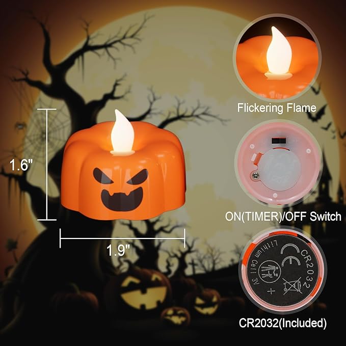 Wondise Halloween Flameless Candles, Pumpkin Battery Operated Candles with Timer, LED Flickering Votive Tealight Spooky Candles for Halloween Decorations Indoor (6 Pack, 1.9" x 1.6")-Ruum Studio Home