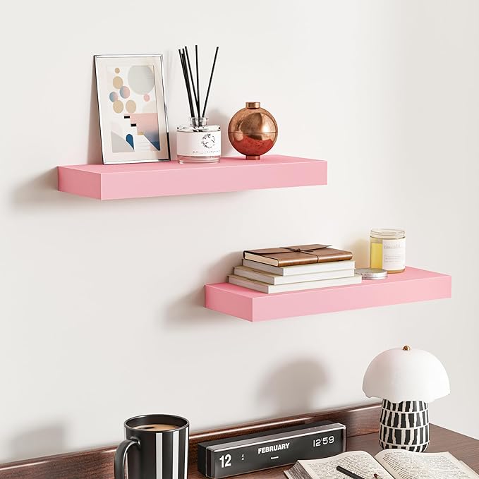 BAMEOS Pink Floating Shelves for Wall, 16" x 6" Wall Shelves for Room, Floating Book Shelves, Hanging Shelves for Bedroom, Bedroom, Living Room, Kitchen (Set of 2)-Ruum Studio Home