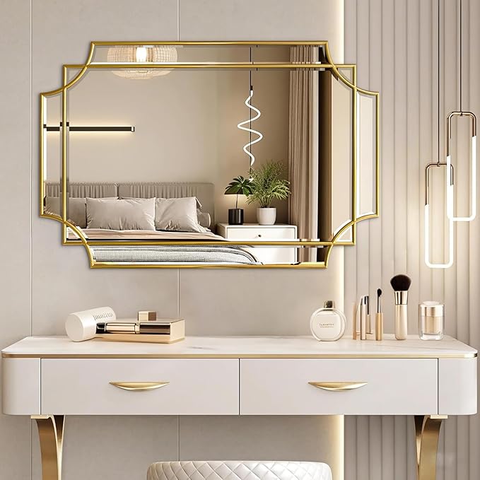 Gold Mirror for Wall, 36x24 Gold Wood Framed, Scalloped Beveled Polished Rectangle Mirror, Large Decorative Mirrors for Wall Decor, Irregular Mirror for Living Room, Bathroom Vanity, Entryway-Ruum Studio Home
