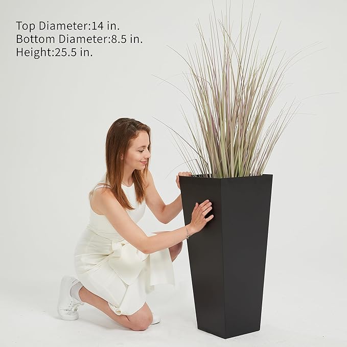 Worth Garden 2-Pack Black Matte Texture Square Tapered Planter - 25.5" H. Tall Plastic Plant Pots with Drain Hole for Indoor Outdoor - Modern Decorative Flower Pots for Front Porch, Patio, Deck-Ruum Studio Home