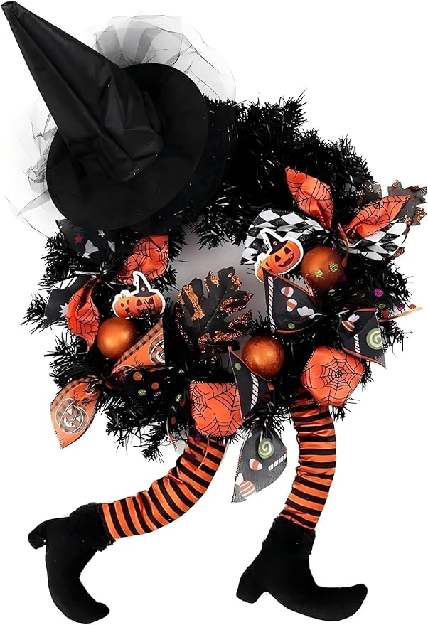 Happy Halloween Wreath for Front Door Decoration with Skeleton Artificial Bone Orange Ornaments Maple Leaf for Party Decor (Halloween Orange)-Ruum Studio Home