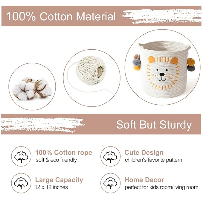 INough Toy Storage Baskets Cute Laundry Basket with Handles Dog Toy Storage Basket Durable Large Cotton Rope Storage Bins Home Organizer Solution for Office, Bedroom, Closet, Toys & Laundry (Lion)-Ruum Studio Home