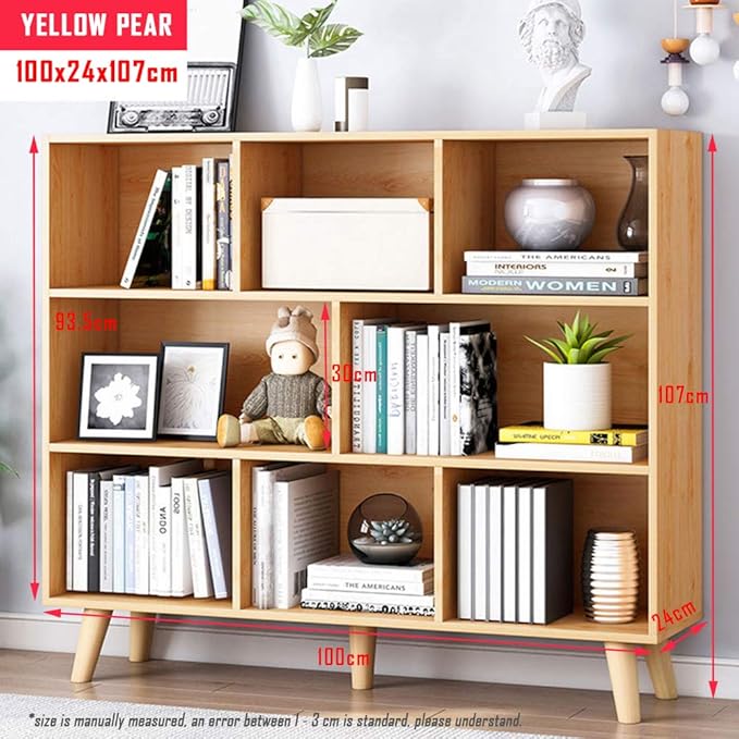 IOTXY Wooden Open Shelf Bookcase - 3-Tier Floor Standing Display Cabinet Rack with Legs, 8 Cubes Bookshelf, Pear Yellow-Ruum Studio Home