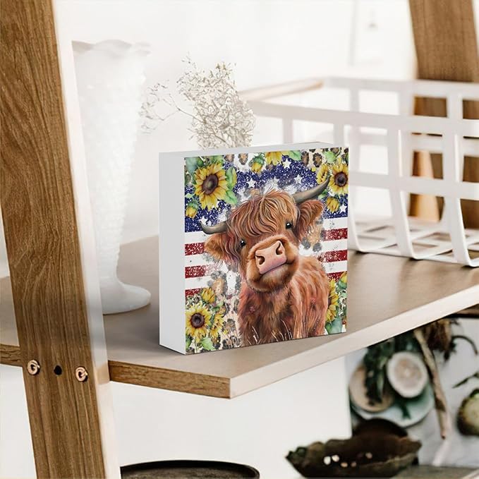 Cute Highland Cow Patriotic Baby Decor, Highland Cow Sunflower Decor, Wooden Box Decor Sign for Home Farmhouse Office Living Room Table Shelf-Ruum Studio Home