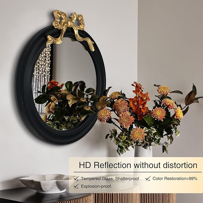 25x25 inch Bow Antique Round Mirror for Wall, Gold & Black Decorative Wall-Mounted Circle Mirror, Perfect for Bedroom, Hallway, Living Room Décor, and Bathroom Vanity-Ruum Studio Home