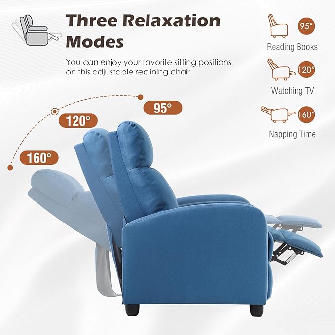BestMassage | Recliner Chair | No Massage Function | Textile Blue | with Lumbar Support, Adjustable Push Back, Wide Armrests, Footrest & Padded Seat | Easy Assembly | for Living Room, Home Theatre-Ruum Studio Home