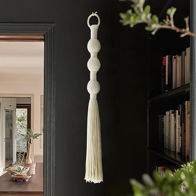 Macrame Wall Hanging Small Sphericity Cotton Textile Tassel Wall Hanging Fiber Yarn Art for Living Room Bedroom 27'' L x 2.3'' W-Ruum Studio Home