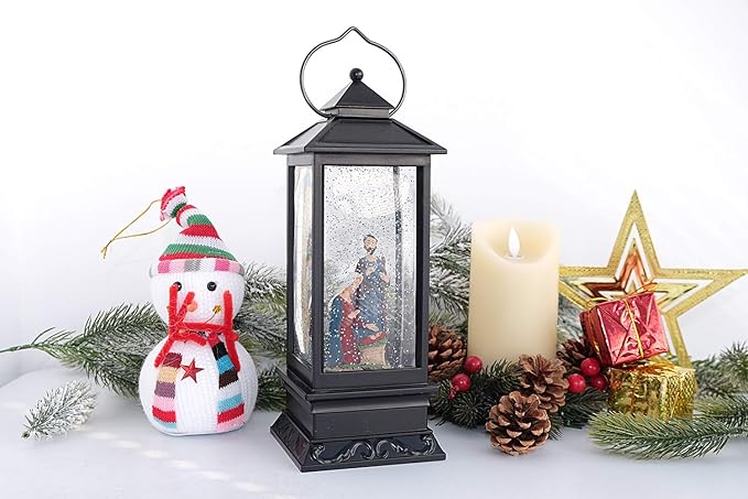 Eldnacele Musical Snow Globe Lantern Lighted Lamp USB Lined in Swirling Glitter Water Lantern Lamp Christmas Nativity Decoration Hurrican Light Timer 12" (Nativity)-Ruum Studio Home