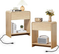 Fluted Nightstand Set of 2 with Charging Station, Modern Bed Side Table End Table with Drawer Storage, Large Wooden Night Stands Bedside for Bedroom Living Room Sofa Office, Natural 2 Sets-Ruum Studio Home