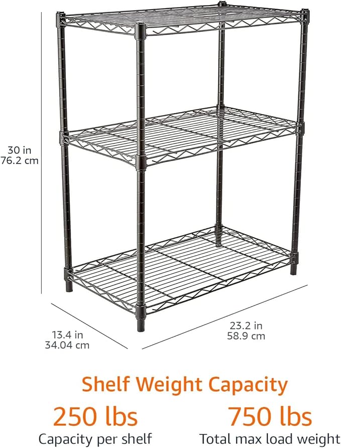 Amazon Basics 3-Shelf Adjustable Heavy Duty Steel Wire Rack Storage Shelving Organizer for Kitchen, Garage, 23.2" L x 13.4" W x 30" H, Black-Ruum Studio Home