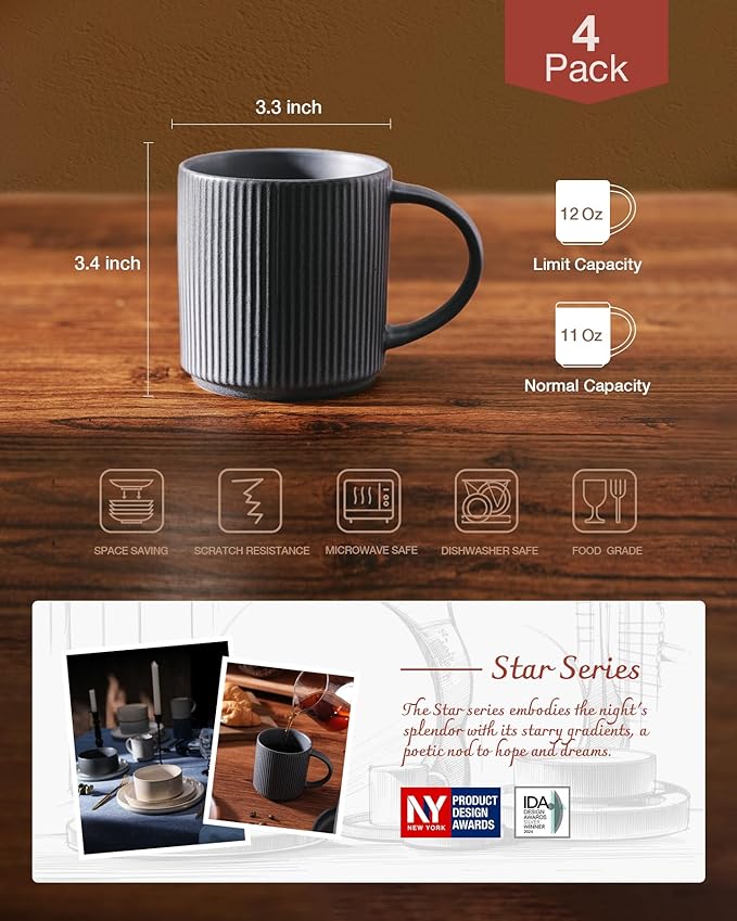 famiware Coffee Mug Set for 4, Star 12 oz Catering Mugs Cup Set with Handle for Coffee, Tea, Cocoa, Milk - Ceramic Stoneware Drinkware Set, Matte Dark Charcoal-Ruum Studio Home