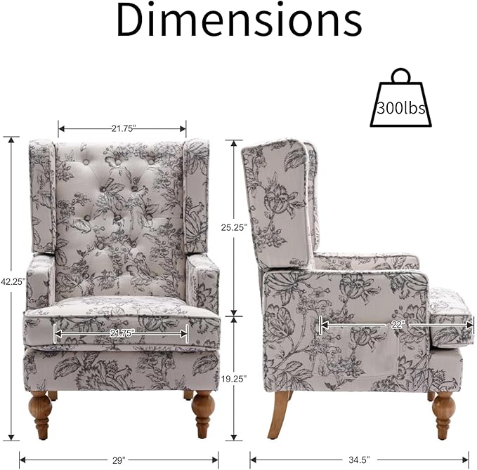 Mid-Century Accent Chair, Upholstered Arm Chair Linen Fabric Side Chair with High Back Solid Wooden Legs, Comfy Reading Chair for Living Room Bedroom, Floral Pattern-Ruum Studio Home