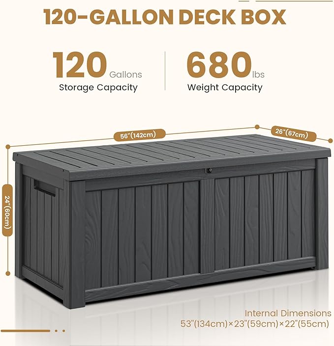 Deck Box, 120 Gallon Outdoor Storage Box Lockable Patio Waterproof for Furniture, Garden Tools, Sports Equipment and Pool Supplies, Waterproof, Resin, Lockable-Ruum Studio Home