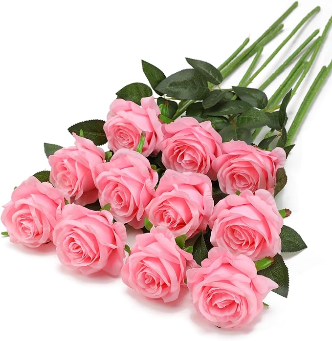 Pink Fake Roses Artificial Flowers - 10 Pcs Fake Artificial Roses Silk Flowers with Stems for Home Wedding Hotel Office Centerpiece Decor-Ruum Studio Home