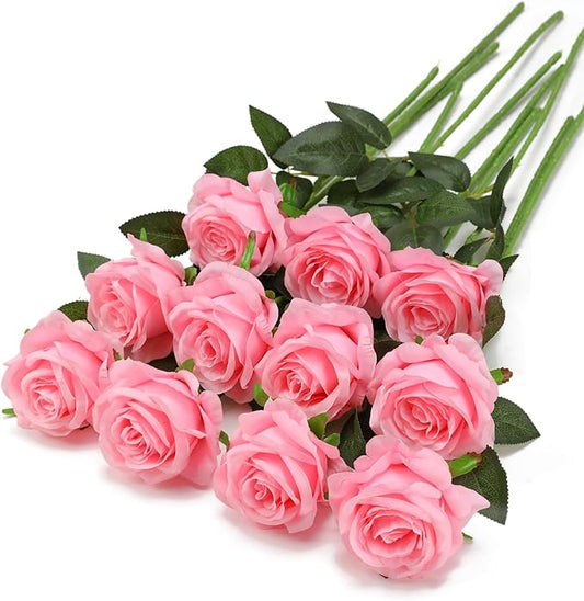Pink Fake Roses Artificial Flowers - 10 Pcs Fake Artificial Roses Silk Flowers with Stems for Home Wedding Hotel Office Centerpiece Decor-Ruum Studio Home