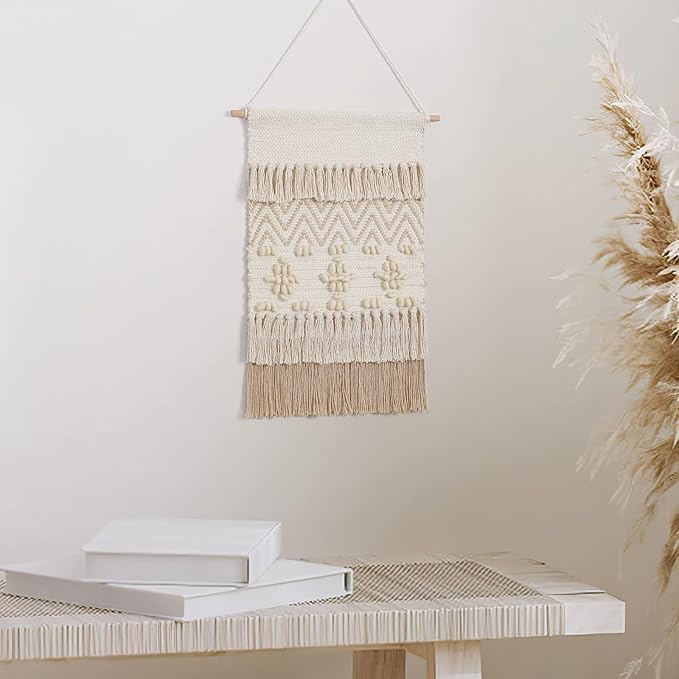 Dremisland Macrame Woven Wall Hanging Home Decor Bohemian Beige Geometric Wave Art Decor with Wool Ball and Tassle-Elegant Apartment Bedroom Dorm Room Door Decoration, 15.7" W x 22" L (Beige Wool Ball)-Ruum Studio Home