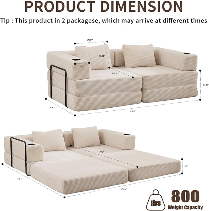 78" W Loveseat Sofa, 4 in 1 Convertible Floor Sofa Bed, Boneless Cloud Couch with Cup Holder, Fold Out Floor Couch, Loveseat Recliner Sleeper for Living Room Bedroom Lounge(Corduroy, White)-Ruum Studio Home