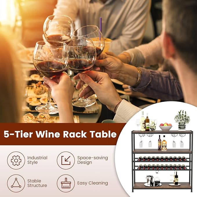 GOFLAME Industrial Wine Rack Table, Wine Bar Cabinet with 2-Tier Wine Rack, 4 Row Glass Holder and Storage Shelves, Freestanding Floor Liquor Storage Stand for Kitchen, Dining Room, Rustic Brown-Ruum Studio Home