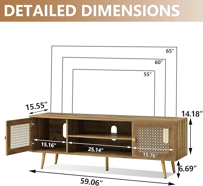 Mid Century Modern TV Stand with Metal Mesh Doors and Open Shelf for Tvs up to 65" Boho Media Console Entertainment Center with Cable Holes for Living Room Rustic Oak 59.06"x15.55"x20.87"-Ruum Studio Home