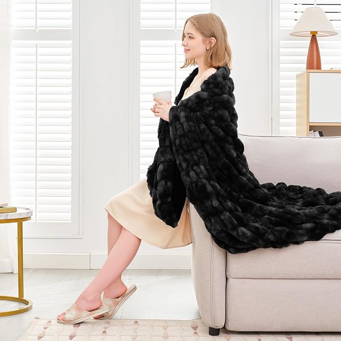 Ultra Soft Luxury Faux Fur Throw Blanket for Counch,Fuzzy Fluffy Plush Warm Cozy Elegant Wrinkled Blanket for Sofa Bedroom Living Room,（50"x60",Tie-dye Black）-Ruum Studio Home