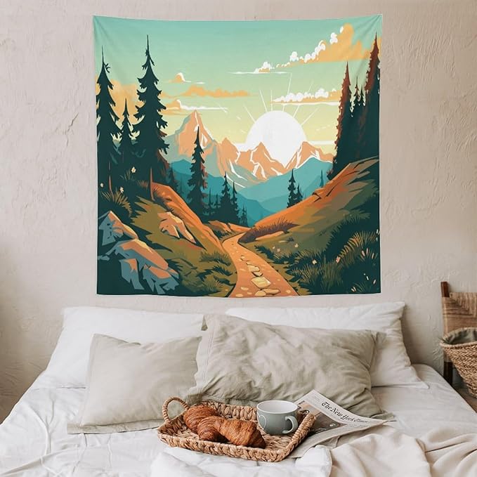 HZOHNAGO Mountain Tapestry Forest Mountain Sunrise Road Pattern Printed Wall Tapestry Wall Hanging for Bedroom Living Room Dorm 60" W x 60" H-Ruum Studio Home