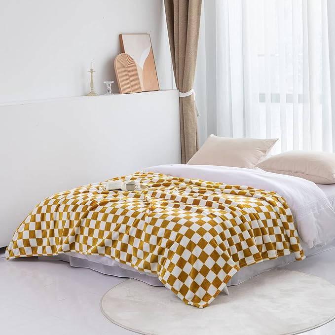 LOMAO Throw Blankets Flannel Blanket with Checkerboard Grid Pattern Soft Throw Blanket for Couch, Bed, Sofa Luxurious Warm and Cozy for All Seasons (Yellow, 60"x80")-Ruum Studio Home