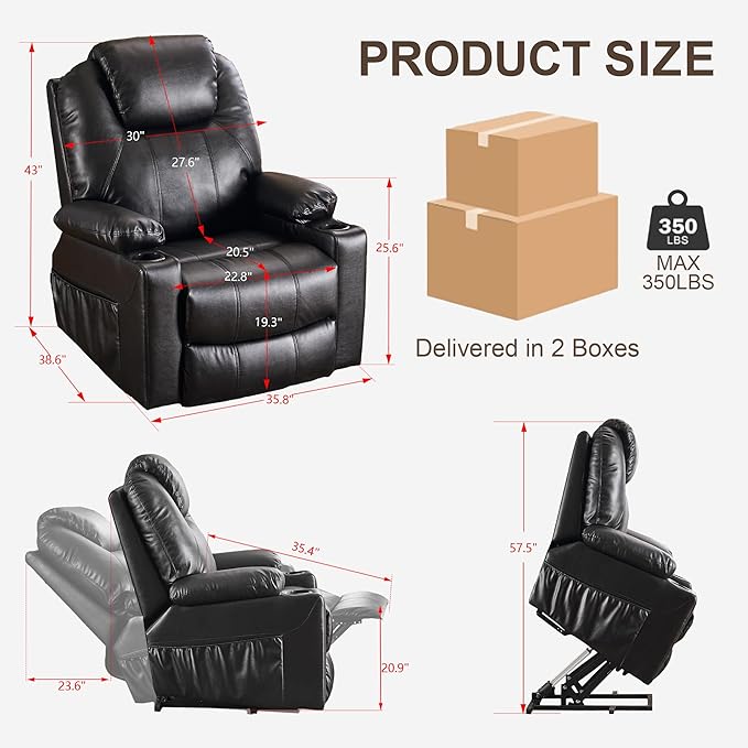 SALOHZA Power Lift Recliner Chair for Elderly with Massage and Heat for Living Room, Electric Recliner Chair for Adults with USB/Type C Port/Cup Holders, PU Faux Leather, Black-Ruum Studio Home