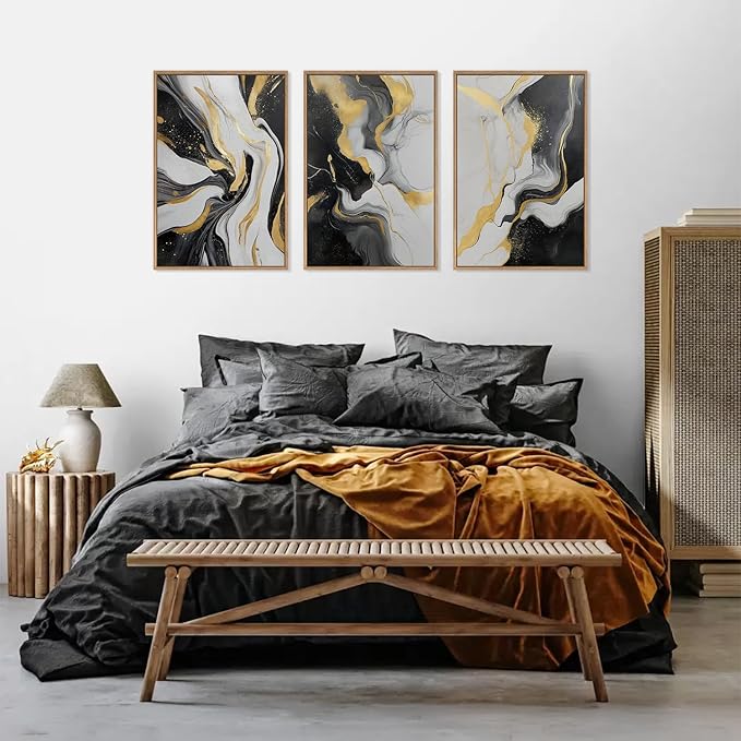 HLNIUC Abstract Gold and Black Framed Canvas Wall Art,Large Neutral Black and White Wall Decor Set of 3(16”x24”)Modern Gold Foil Framed Painting,Textured Marble Fluid Art Print for Living Room,Bedroom-Ruum Studio Home