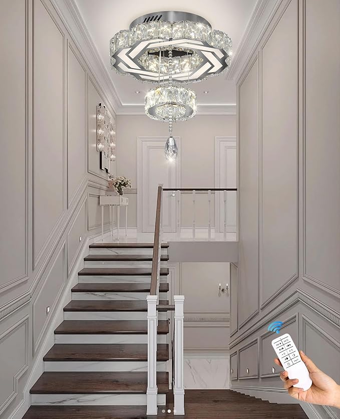 Flashing God Small Crystal Chandeliers Dia 12" Silver Chandelier Flush Mount Ceiling Light for Bedroom Living Room Dining Room Hallway Dimmable 3 Rings LED Celing Lighting Fixtures-Ruum Studio Home