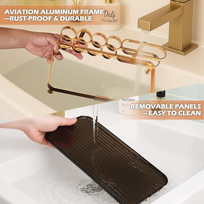 YUPER Bathroom Counter Organizer, Bathroom Organizers with Toothbrush Holder, Makeup Storage Shelf Vanity Tray Perfume Organizer, Bedroom Bar Corner Counter Storage Sink Shelf Gold-Ruum Studio Home