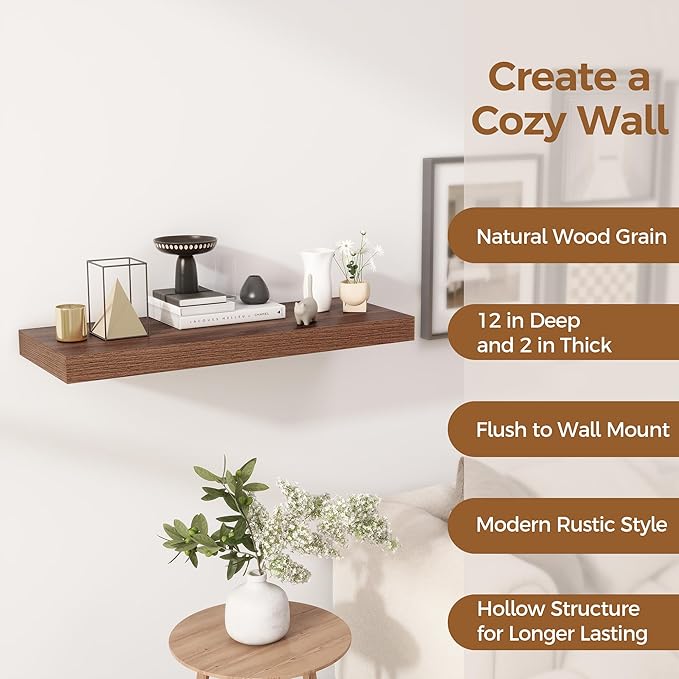 Floating Shelves 30 Inch Long, 12 Inch Deep Floating Shelf for Books, Rustic Wood 30 x 12 Storage Shelves for Wall Storage & Display, Thicked Wall Shelf for Kitchen, Living Room, Walnut Color, 1 Pack-Ruum Studio Home