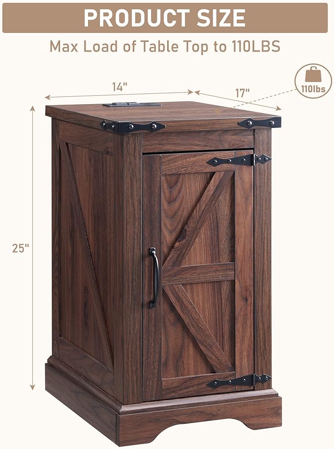 JXQTLINGMU Nightstand with Charging Station, Rectangular Farmhouse End Table with Barn Door and Adjustable Storage Shelf, 17" Deep Wood Rustic Sofa Side Table for Living Room, Bedroom, Brown-Ruum Studio Home
