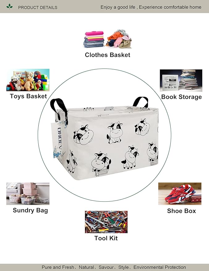 Rectangular Folding Laundry Basket,Canvas Basket,Nersury Hamper,Suitable for Children,Office,Bedroom,Clothes,Toys Storage (REC Cow), 14.9’’L ×10.2’’W×9.05’’H inches-Ruum Studio Home