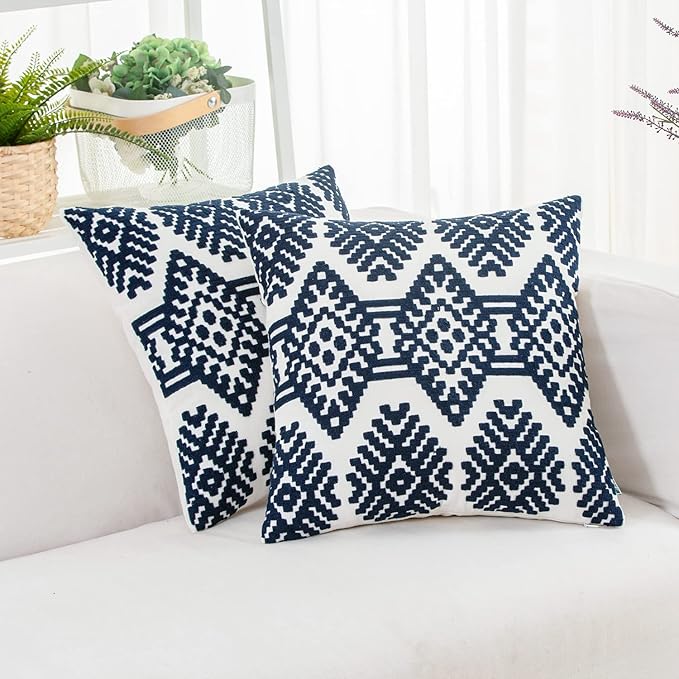 HWY 50 Navy Blue Decorative Throw Pillow Covers 18x18 Inch, Pack of 2 Embroidered Cotton Farmhouse Cushion Cover Pillow Case for Sofa Couch Living Room Bed Bedroon, Diamond Geometric Design-Ruum Studio Home