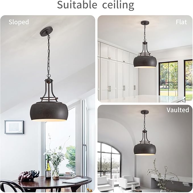WUZUPS Chandelier Rustic Farmhouse Industrial Round Ceiling Pendant LED Light Fixture with Open Bottom Drum Shade, H 15.7" x W 13.4", Distressed Rust-Ruum Studio Home