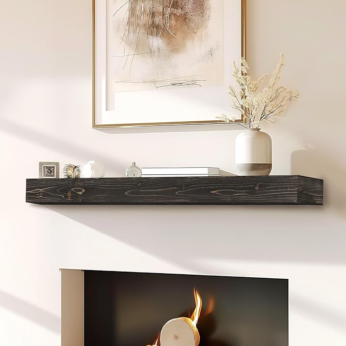 48x8x3 Fireplace Mantel - Handcrafted Hollow Rustic Solid Wood Wall Mounted Floating Shelf with Invisible Heavy Duty Wood Bracket (Weathered Black)-Ruum Studio Home