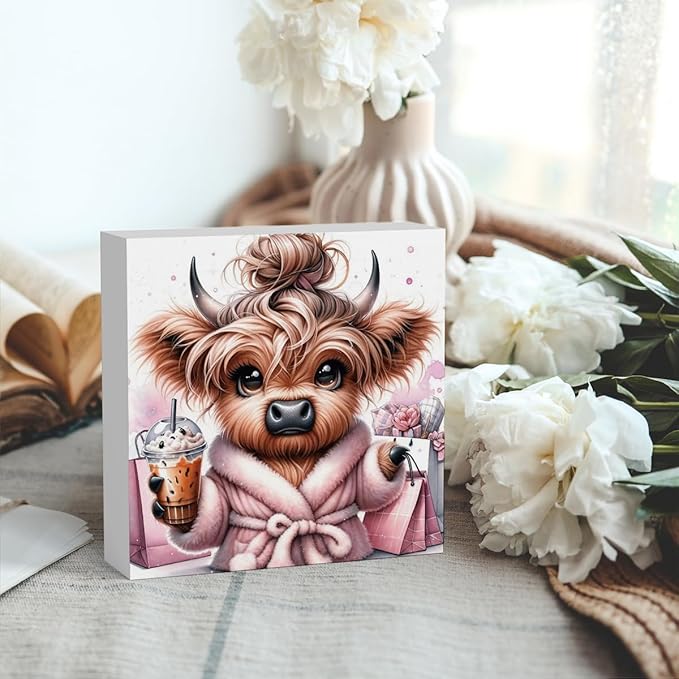 Highland Cow Winter Decor, Highland Cow Gifts for women, Highland Cow Baby Decor, Highland Cow Nursery Decor, Wooden Box Decor Sign for Home Farmhouse Office Living Room Table Shelf Tiered-Ruum Studio Home