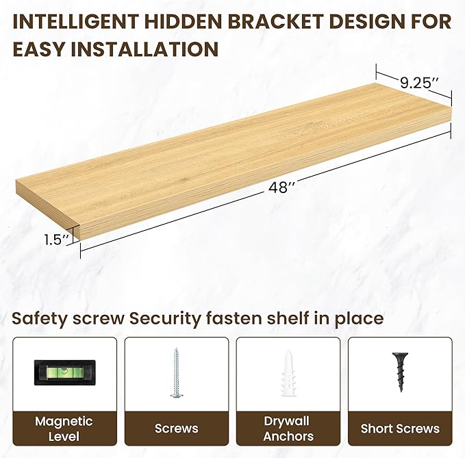 48 Inch Floating Shelves, 3D Textured Wood Grain, 48"x9.25"x1.5" Inch Deep Floating Shelves for Wall, Wooden Shelves for Bathroom, Bedroom, Living Room, Natural-Ruum Studio Home