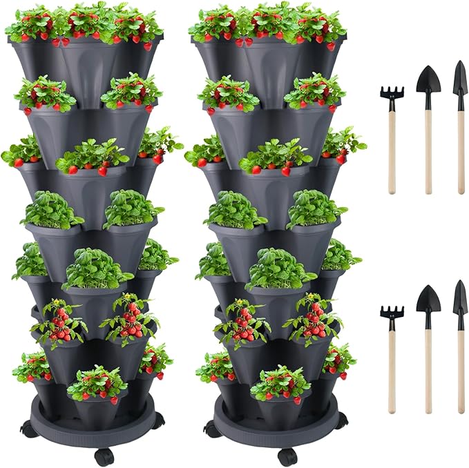 Vertical Planter 7 Tier Stackable Planters Garden Planters Strawberry Herb Flower and Vegetable Planter Indoor Outdoor Gardening Pots with Removable Wheels and Tools-Ruum Studio Home