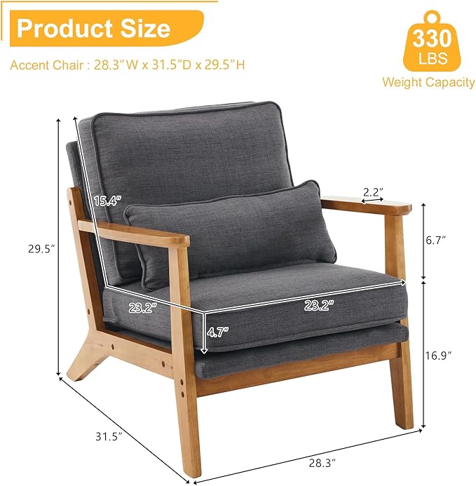 Karl home Accent Chair Wide Armrest Mid-Century Lounge Chair Linen Fabric Armchair with Lumbar Pillow & Solid Wood Frame for Living Room, Bedroom, Balcony, Gray-Ruum Studio Home