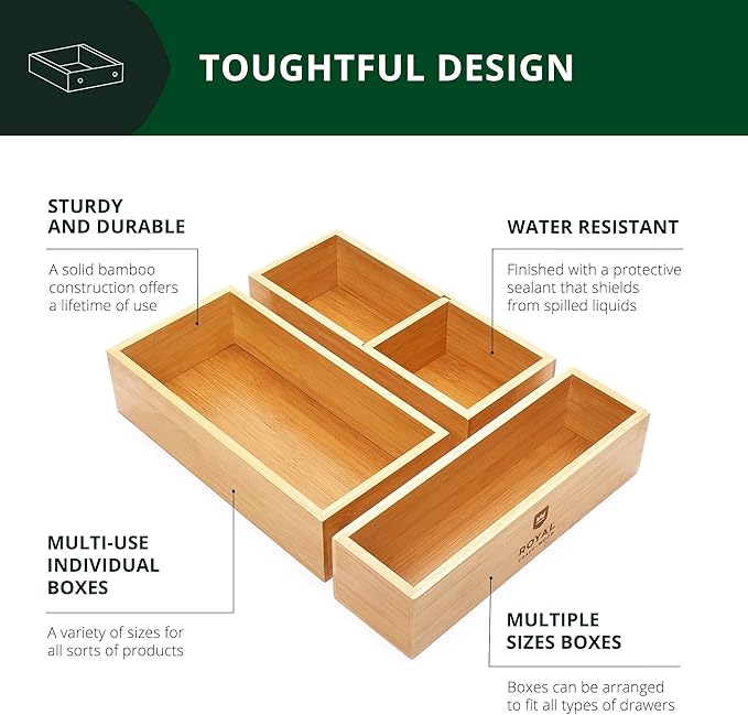 ROYAL CRAFT WOOD Luxury Bamboo Drawer Organizer Storage Box, Bin Set - Multi-Use Drawer Organizer for Kitchen, Bathroom, Office Desk, Makeup, Jewelry (3 Boxes)-Ruum Studio Home