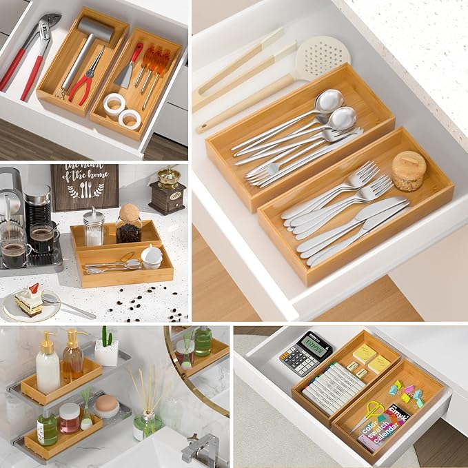 Silverware Tray for Drawer, Stackable Kitchen Bamboo Drawer Organizer 12" x 6" x 2" Set of 2-Ruum Studio Home