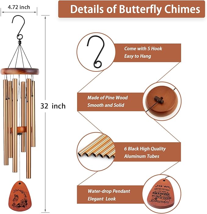 Wind Chimes for Outside, 32" Butterfly Windchime for Outdoor, Butterfly Gifts for Mom Sister, Garden Patio Gift Ideas for Women Friend Co-Worker (Golden)-Ruum Studio Home