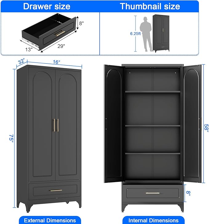 Black Pantry Kitchen Cabinet with Drawer, 75 Inch Metal Storage Cabinet with Doors and Shelves, Steel Food Pantries, Large Freestanding Cupboard for Living&Dining Room-Assemble Required-Ruum Studio Home