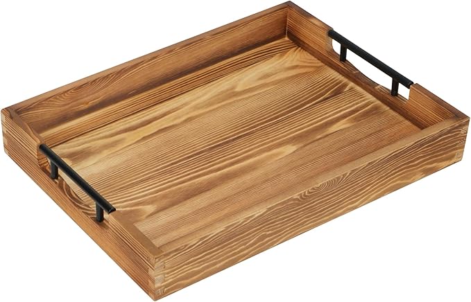 LotFancy Large Ottoman Tray for Living Room, 17x13'' Wood Serving Tray with Handles, Home Décor for Coffee Table, Sofa, 2 Skidproof Coasters Included-Ruum Studio Home