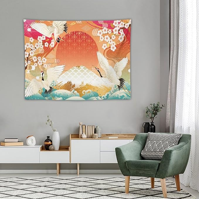 HZOHNAGO Japanese Tapestry Cherry Blossom Crane Sea Wave Fuji Mountain Red Sun Pattern Printed Wall Tapestry Painting Wall Hanging for Bedroom Living Room Dorm 40" W x 30" H-Ruum Studio Home